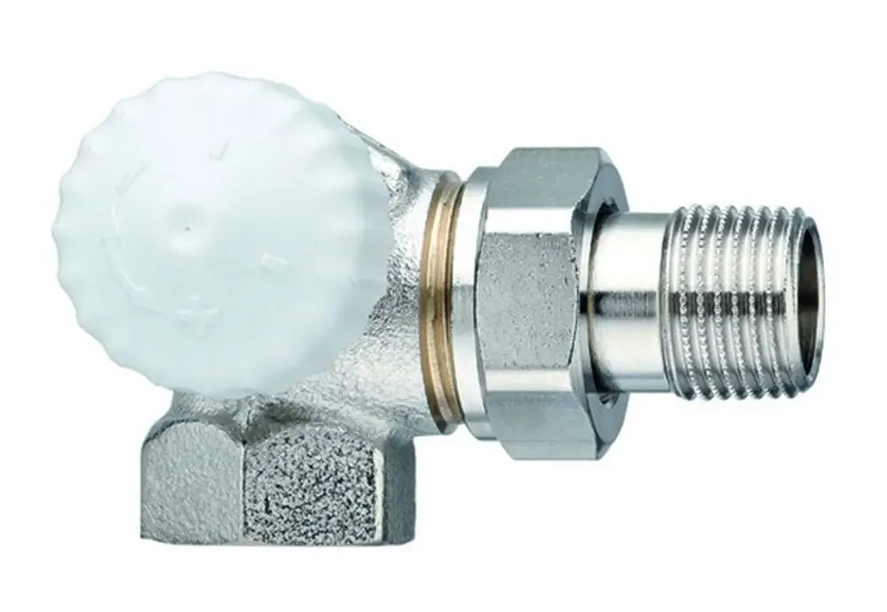 Thermostat-Ventilunterteil mit Winkeleck und einem verchromten Anschluss. Das Produkt ist von IMI Hydronic Engineering.